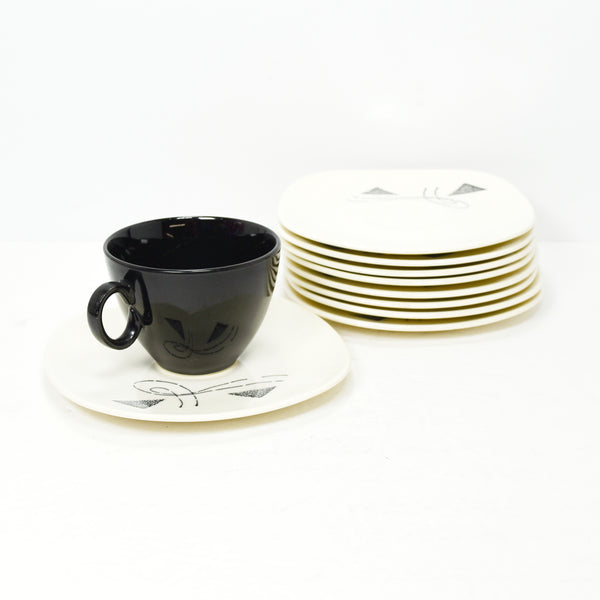 Edwin Knowles Flair Pattern Cup Saucers (c. 1960) Black Triangles and Lines, Geometric Design, Mid Century Modern Dinnerware