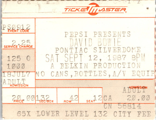 Vintage David Bowie Concert Ticket Stub Pontiac Silverdome (c. 1987)