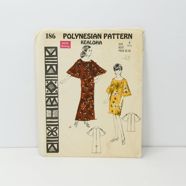 Vintage Polynesian Pattern 186 Kealoha Size 8 Dress Sewing Pattern in 2 Lengths