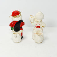 Vintage Commodore Japan Santa & Mrs Claus Candle Holders with Spaghetti Trim