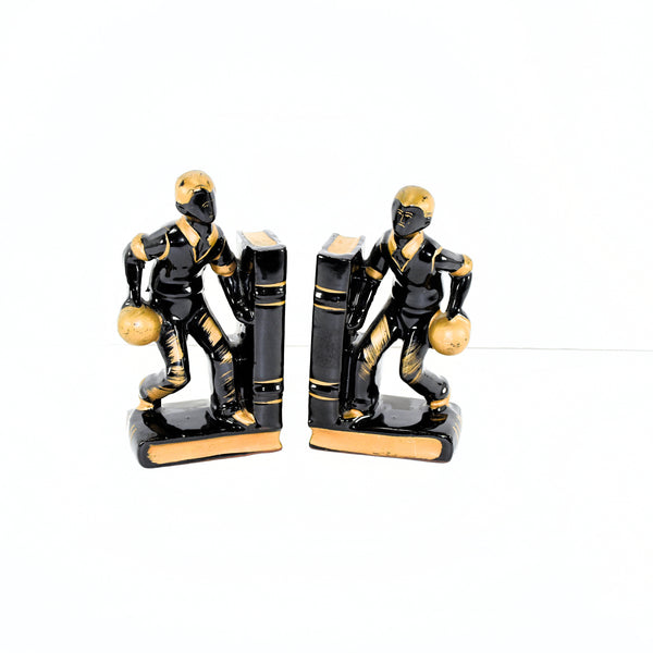 Vintage Black and Gold Ceramic Redware Bowling, Bowler Bookends, Made In Japan (1940's-1950's)