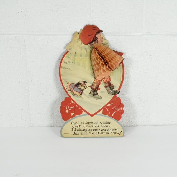 Vintage Little Girl with a Small Dog Honeycomb Valentine (c. 1940's) Made In Canada