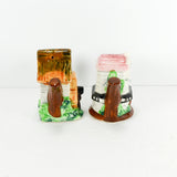 This is the side view of the brown color spouts. Both salt & pepper shakers are shown on a white background.