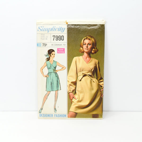 Vintage Simplicity 7990 Sewing Pattern For Above Knee Dress c. 1968 Size 14