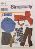 Shown is a full view of the paper envelope for Simplicity 9841. 8 pieces of clothing and accessories are shown, which include a long sleeved shirt, a shirt, a tie, a camisole and bottom, pants, earmuffs and a scarf.
