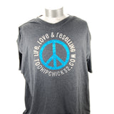 Shown is a v-neck dark heather gray t-shirt, it is on a shirt form. There is a peace sign that is glittery and blue. It is encircled by the words Life, Love & Reselling, TooHipChicks2.com. The t-shirt has short sleeves.