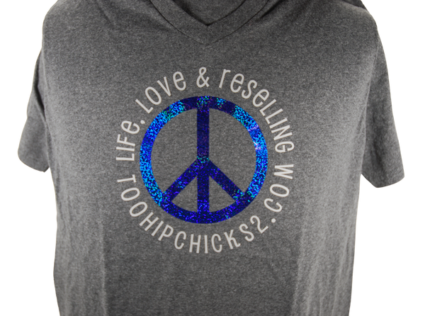 Too Hip Chicks Dark Heather Gray V-Neck T-Shirt With A Peace Sign & Life, Love & Reselling