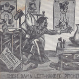 This is a partial view of the 1920's baseball postcard. It show a man in a bed reaching for a water pitcher. There are three posters on the wall featuring Honus, Mugsy and Big Six. There is a Baseball Schedule hanging crookedly from the end of the bed.