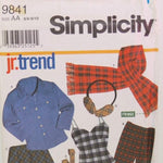 Shown is a partial view of the paper envelope for Simplicity 9841 sewing pattern. Shown are a few of the items that can be made with this sewing pattern. The sewing pattern is gear toward Junior sizes. The sewing pattern was published in 2001.