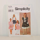The front of the paper envelope for Simplicity 7078 is shown here propped up on a white background. On the left are three illustrated little girls, each wearing clothing that can be made from this sewing pattern. On the right is a young girl also wearing clothing that can be made from this sewing pattern. There is a faint store stamp on the front also.
