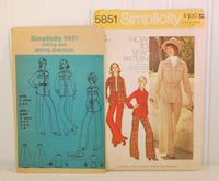 The paper instruction sheet for vintage Simplicity 5851 is shown to the left of the paper envelope. It has illustrations of three women in the various pieces of clothing that can be made with this pattern. The paper is slightly yellowed from age. The paper envelope is to the right of the instruction sheet.