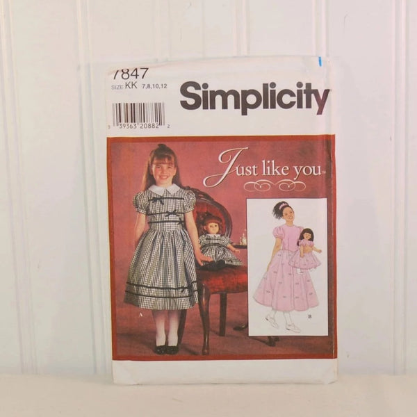 Simplicity 7847 Just Like You Girls' Dress and 18 Inch Doll Dress (c. 1997) Girl Size 7, 8, 10, 12, Dress Up, 18" Fashion Doll Clothes