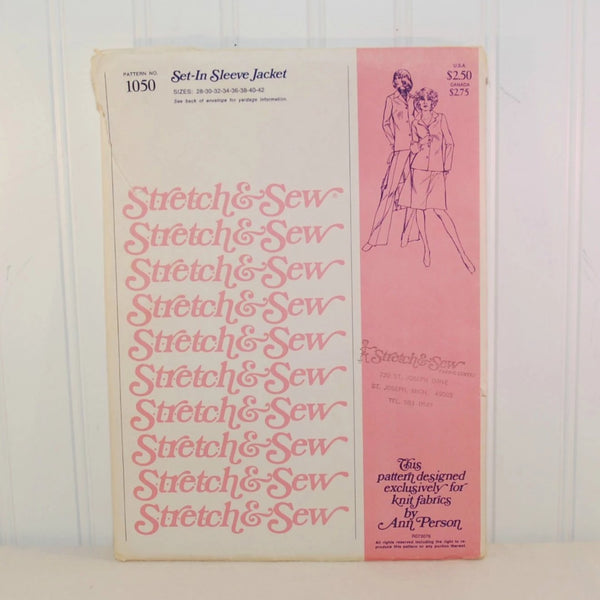 Featured is the front of the paper envelope for Stretch & Sew 105 sewing pattern for knit fabrics. With this pattern you an make a set-in sleeve jacket.