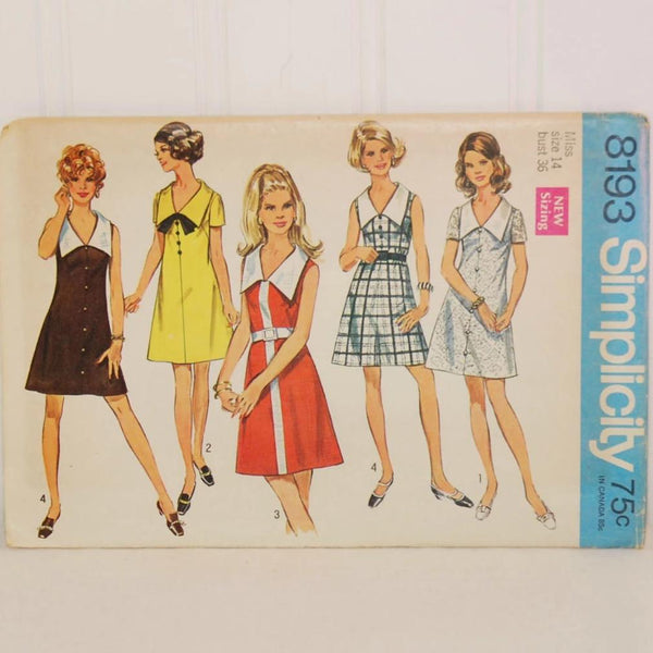 Pictured is the front of the envelope for sewing pattern Simplicity 8193. There are five different illustrated women in  various forms of the same dress pattern. The dress shown is above knee and can be sleeveless, with a short sleeve, belted or unbelted. The pattern is for Miss size 14 with a bust size of 36.