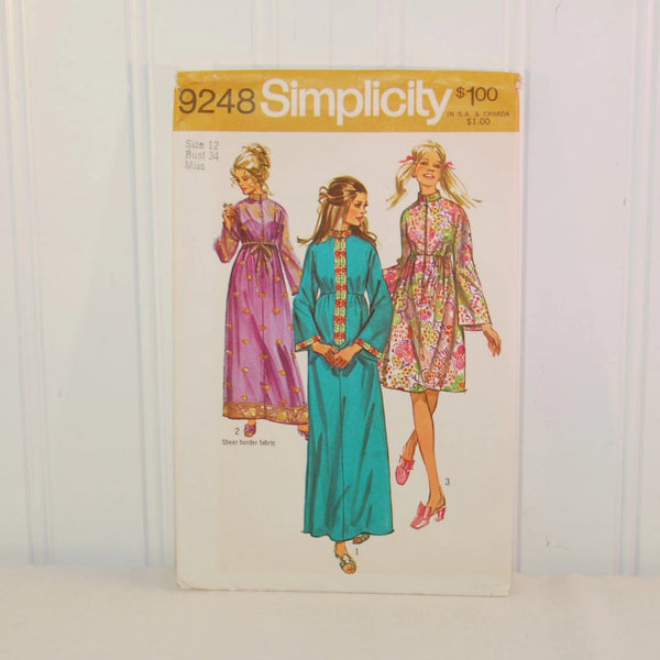 Vintage Simplicity 9248 Misses' Robe In Two Lengths (c. 1970) Misses' Size 12, Bust Size 34 Inches, Hostess Robe, Retro Styling, Long Robe