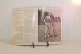 Another interior view of the vintage knitting booklet. On the left are knitting instructions. On the right is a young woman shown in a skirt and knitted top. She is standing next to a propped up small golf bag with golf clubs.