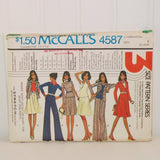 Shown is the front of the paper envelope for McCall's 4587 sewing pattern. It was produced c. 1975. It is for Misses' sizes 16, 18 and 20. There are six illustrated women of color in various poses and outfits that can be made with this pattern. There is a store ink stamp in red on the front.