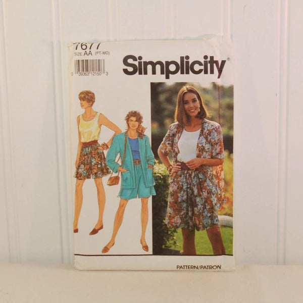 Simplicity 7677 Misses' Shorts, Top, Unlined Jacket (c. 1991) Misses Size Petite  - Medium, Summer Clothes, Tank Top, Pull On Shorts