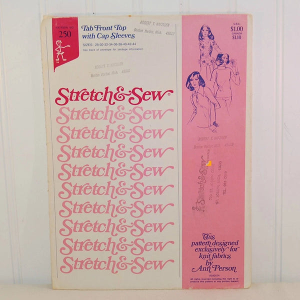 Vintage Stretch & Sew Pattern No. 250 by Ann Person (c. 1974) Tab Front Top With Cap Sleeves, Bust Sizes 28-44, Woman's Top, Vintage Fashion