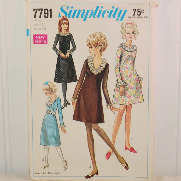The front of the envelope for Simplicity 7791, circa 1968. The paper envelope shows 4 different women in 4 different styles of knee length dresses.