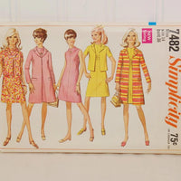 A close up of the paper envelope for Simplicity pattern 7482. There are five illustrated women wearing a variety of clothes that can be made from this vintage pattern. The pattern is circa 1967.