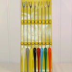 Vintage 8 Piece Fondue Fork Set (c. 1950's-1970's) Stainless Steel, Colorful Plastic Handles, Made In Japan, Retro Dinner Fun, Mid Century