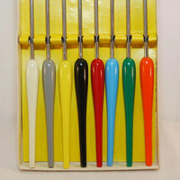 Vintage 8 Piece Fondue Fork Set (c. 1950's-1970's) Stainless Steel, Colorful Plastic Handles, Made In Japan, Retro Dinner Fun, Mid Century