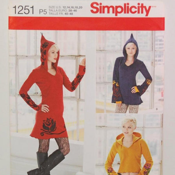 Simplicity 1251 Misses' Knit Dress, Tunic and Top (c. 2014) Misses' Sizes 12-20, Hooded Top, Dress or Tunic, Stretch Knits, Needle Felting