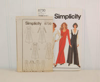 Shown is the paper instruction sheet for Simplicity 8730. It is propped up in front of and to the left of the paper envelope.