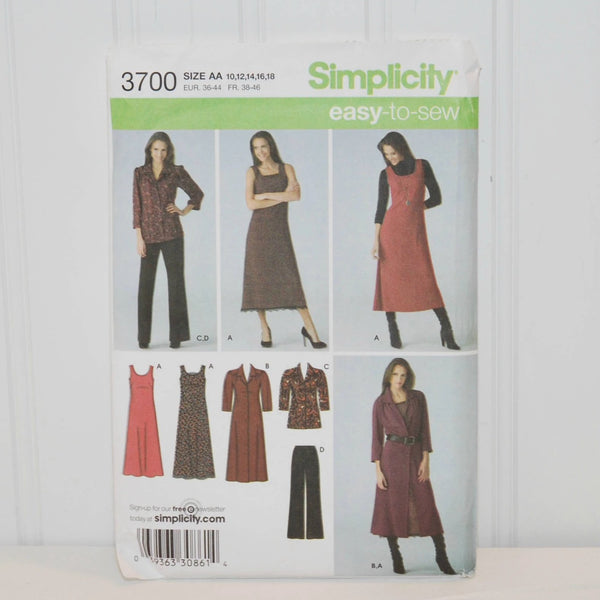 Simplicity 3700 Easy To Sew Line (c. 2007) Misses'  and Women's Sizes 10-18, Pants, Dress or Jumper, Shirt Dress or Tunic, Business Clothes