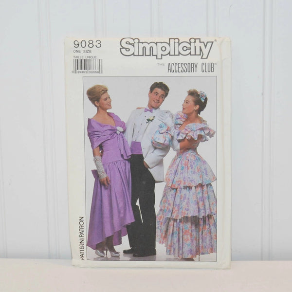 Vintage Simplicity 9083 The Accessory Club Prom Accessories (c. 1989) One Size, Bag, Scarf, Long Gloves, Lace Gloves, Shoe Bows, Bow Tie