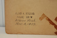 The blackside of the photograph of A Belgian Prince with a ink stamp with Floyd A Rogers name, phone number,  Albion Michigan and Nov. 8 1939