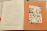 Two more pages from within the Norwester yearbook. There is text on the left page and on the right is a black and white drawing titled Wagon Train. The drawing depicts a covered wagon pulled by a a couple of horses. There is a young boy walking behind the covered wagon and there is a dog to his left.