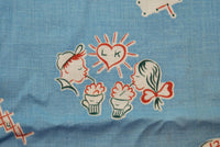 Vintage Cotton Fabric, Playful Youth Drinking Soda Fountain Drinks (c. pre-1998) Light Blue Fabric with Printed Design, Quilting, Sewing