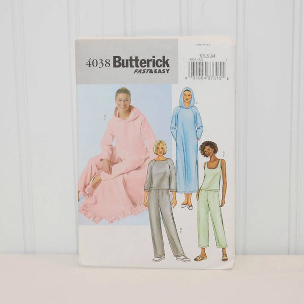 Butterick 4038 Fast & Easy (c. 2003)Misses' and Misses' Petite Sizes Extra Small-Medium, Loungewear, Robe, Comfy Pants, Hooded Top, Tank Top