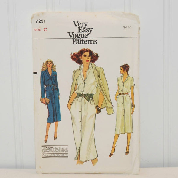 Featured is the front of the paper envelope for Vogue 7291 sewing pattern. It shows three illustrated women wearing dresses that can be made from this pattern.
