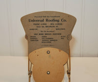 What is says on the back of the fan: Presented with our compliments, Universal Roofing Co., Phone 4-1800, Res. 4-0628, 1222 So. Michigan St., Domestic, Industrial, "We Go Anywhere", One Roof Brings Another, Gravel, Asphalt, Asbestos, Siding, Tile Flooring, Asphalt Shingles, Insulation, Slate, Tile. In small print under all that there is the company name U.O. Colson Co., Paris, ILL. On each side there is a small rounded tab with the word Pull on it.