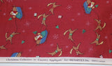 A close up of the salvage on the Benartex Christmas fabric. The printing on the salvage states "Christmas Collection by Country Appliques for Benartex Inc. 100% cotton.