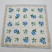 Vintage Burmel Original Irish Linen Blue Roses And Gold Trim Handkerchief (c. 1950's-60's) Elegant Floral Large Size Handkerchief, Gift Idea