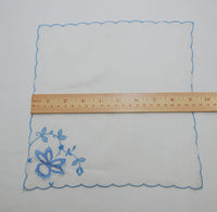 Vintage Delicate Embroidered Blue and White Flower Handkerchief (c. 1950's-1960's) Applied Embroidered Flower, Mid Century Handkerchief