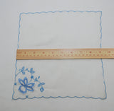 Vintage Delicate Embroidered Blue and White Flower Handkerchief (c. 1950's-1960's) Applied Embroidered Flower, Mid Century Handkerchief