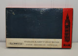 The cover of the Sheffield knives box. The top is navy blue with a small rectangular white box under it. There is black printing in the white box that states STainless Blades made in Great Britain. Stainless, Dishwasher safe, Forever sharp. On the right of those two boxes is a long red rectangular red box that has Big Ben in it.