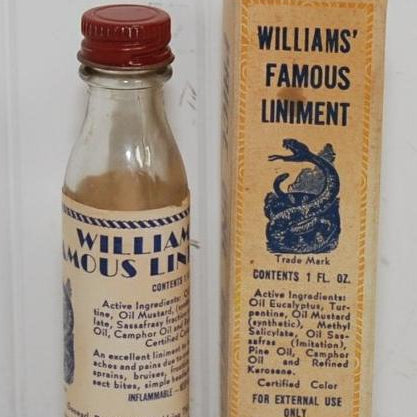 Rare Vintage Williams' Famous Liniment Bottle and Original Box (c. 1920's) Doc Williams, Binghamton, New York, Vintage Medical Bottle