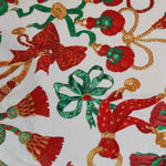 Concord Fabrics Inc. by Sharon Kessler (c. ?) Christmas Holiday Tassels, Bows and Bells Fabric, Vibrant Golds, Greens and Reds