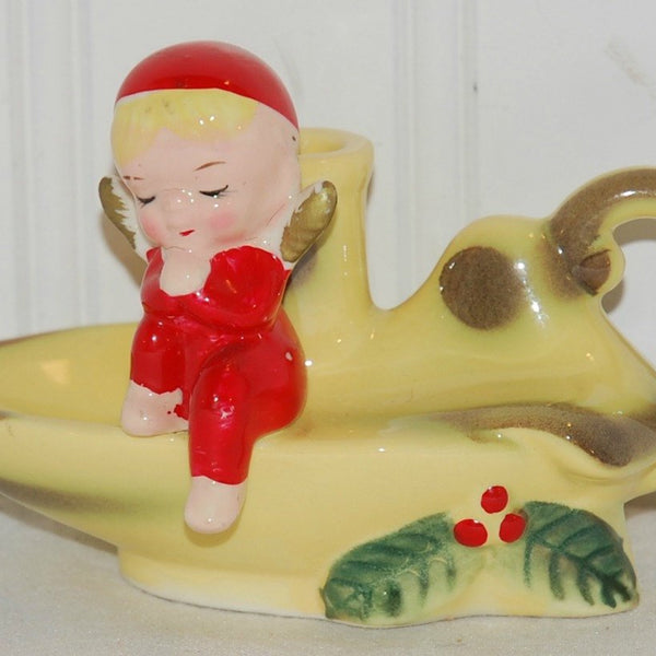 Charming and Adorable Angel Candlestick Holder (c.1950's-1960's), Vintage Angel Holiday, Small Taper Holder, Angel In Red, Holiday Gift Idea