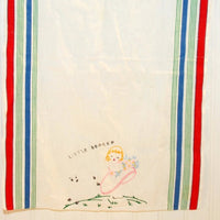 Vintage Hand Embroidered Little Bo Peep Kitchen Towel, Blue, Green and Red Striped, Shower Gift, Gift Idea, Nursery Decor, Repurpose