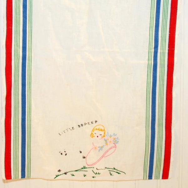 Vintage Hand Embroidered Little Bo Peep Kitchen Towel, Blue, Green and Red Striped, Shower Gift, Gift Idea, Nursery Decor, Repurpose